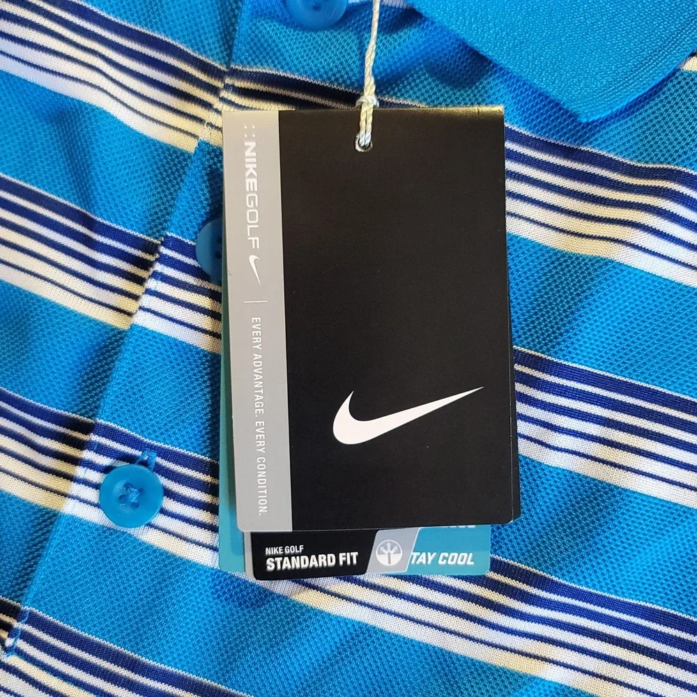 NWT Nike Golf Polo Shirt Mens L Blue Striped Dri-FIT Standard Fit Short Sleeve